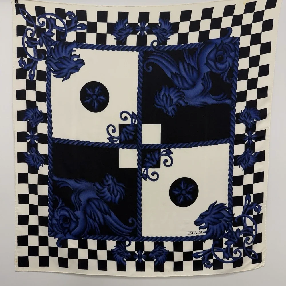 Escada 100% Silk Scarf Baroque Lion Checker Board Black Blue Off White